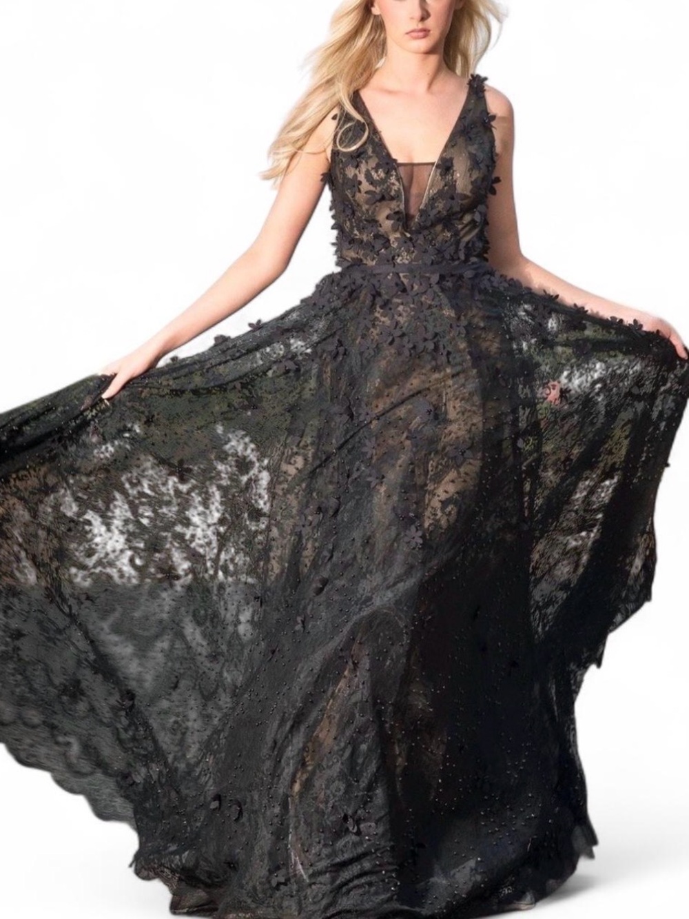 Black Floral 3D Illusion Overlay Appliqué V-Neck Maxi Gown